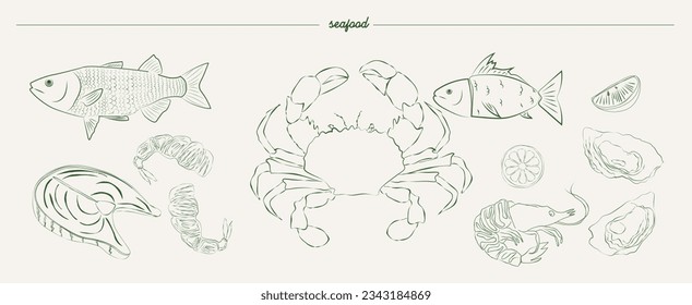 Сollection of seafood illustration in sketch style. Editable vector illustration.