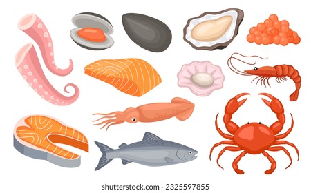 Seafood illustration vector bundle. Seafood vector cartoon set icon.Vector illustration icon fish food on white background. Seafood illustration vector bundle