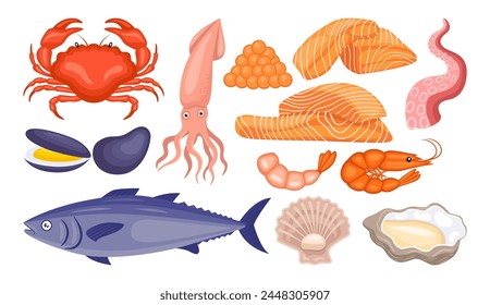 Seafood illustration vector bundle. Seafood vector cartoon set icon.Vector illustration icon fish food on white background. Seafood illustration vector bundle