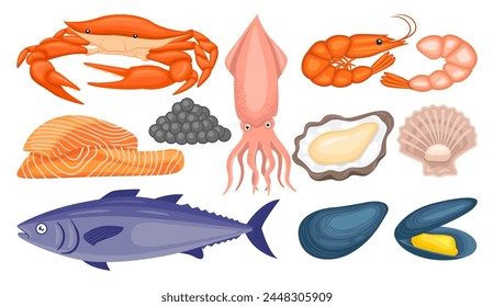 Seafood illustration vector bundle. Seafood vector cartoon set icon.Vector illustration icon fish food on white background. Seafood illustration vector bundle