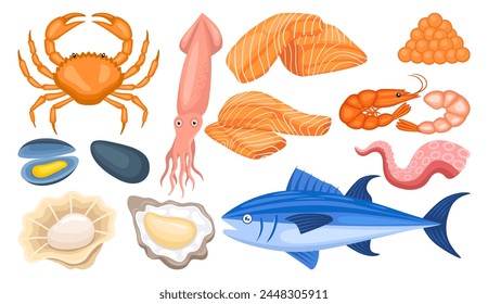 Seafood illustration vector bundle. Seafood vector cartoon set icon.Vector illustration icon fish food on white background. Seafood illustration vector bundle