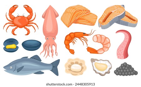 Seafood illustration vector bundle. Seafood vector cartoon set icon.Vector illustration icon fish food on white background. Seafood illustration vector bundle