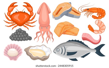 In: Seafood Illustration Vektorgrafik Paket. Meeresfrüchte-Vektorgrafik-Cartoon-Set-Symbol.Vektorillustration-Symbol Fischfutter auf weißem Hintergrund. Meeresfrüchte Illustration Vektorgrafik Paket