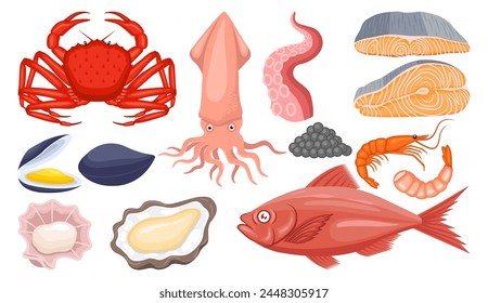 In: Seafood Illustration Vektorgrafik Paket. Meeresfrüchte-Vektorgrafik-Cartoon-Set-Symbol.Vektorillustration-Symbol Fischfutter auf weißem Hintergrund. Meeresfrüchte Illustration Vektorgrafik Paket