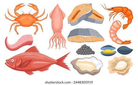 Seafood illustration vector bundle. Seafood vector cartoon set icon.Vector illustration icon fish food on white background. Seafood illustration vector bundle