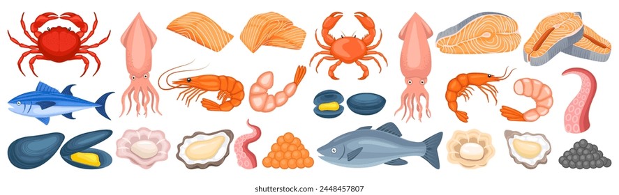 Seafood illustration vector bundle. Seafood vector cartoon set icon.Vector illustration icon fish food on white background. Seafood illustration vector bundle