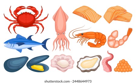 Seafood illustration vector bundle. Seafood vector cartoon set icon.Vector illustration icon fish food on white background. Seafood illustration vector bundle