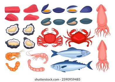 Seafood illustration vector collection. Cartoon seafood vector set icon. Vector illustration icon fish food on white background. Raw sea animal gourmet food products set