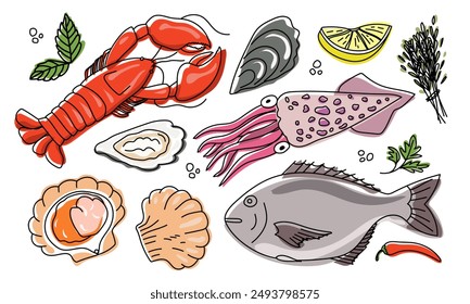 Seafood illustration vector set. Fresh seafood hand drawn set. Vector Seafood illustration