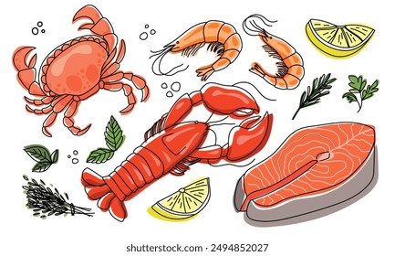 Seafood illustration vector set. Shrimp, salmon slice, crab, lobster. Hand drawn vector set