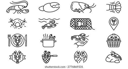 Seafood industry vector collection with shellfish trap plate cooking pot and crustacean symbols for menu and branding design.