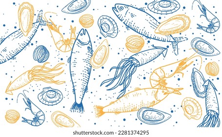 Seafood isolated on white background. Vector illustration of fresh food.