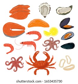 Seafood isolated on white, set of fresh ocean delicacies, oyster, prawn and shrimp, vector illustration. Fresh sea food, salmon fillet, mussel, crab and octopus. Shellfish, clam and slice of lemon set