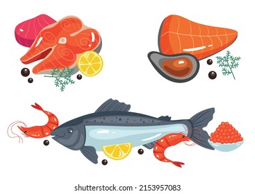 Seafood isolated set collection concept. Vector flat cartoon design element illustration