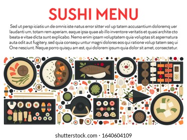 Seafood, Japanese food, sushi and soups, green tea and rolls banner vector. Fish on skewer and salmon, wasabi and soy sauce, bowl and plate, teapot and cup. Oriental cuisine, miso soup, prawn and tuna