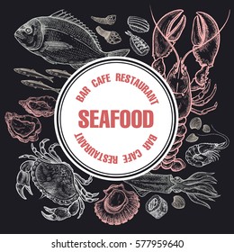 Seafood Kitchen design. The poster for restaurants, cafe, menu. Vintage illustration art. Hand drawing sketch. Topic animals under water. Fish, shellfish, lobster, crab, squid, sushi, space for text.