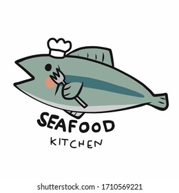 Seafood kitchen logo, fish chef cartoon vector illustration