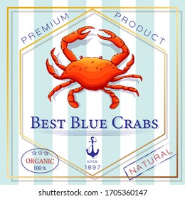 seafood label or blue crab banner. Vintage vector sea food badge or poster with crab and anchor silhouette on blue striped background. retro style template for fish restauran, menu or product design.