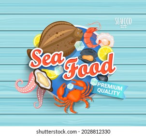 Seafood Label In Cartoon Style On Blue Wooden Background. Shellfish,oyster And Crab, Shrimp And Octopus,prawn,mussel, Flounder,sea Fish For Ad,web,flyer,banner And Poster. Vector Illustration.