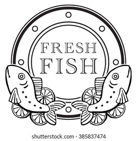 Seafood Label Design, with drawn fresh fish, vector illustration black and white graphic, isolated on white