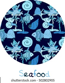 Seafood label with sea shells in circle 