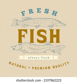 Seafood label template on a craft background. Fish vintage illustration for the menu of fish restaurants, markets and shops in the style of an old worn engraving.