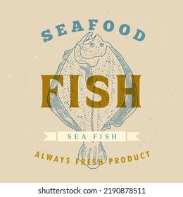 Seafood label template on a dark background. Fish vintage illustration for the menu of fish restaurants, markets and shops in the style of an old worn engraving.