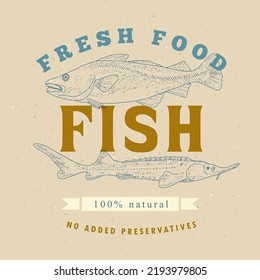 Seafood label template on a dark background. Fish vintage illustration for the menu of fish restaurants, markets and shops in the style of an old worn engraving.