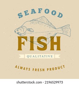 Seafood label template on a dark background. Fish vintage illustration for the menu of fish restaurants, markets and shops in the style of an old worn engraving.