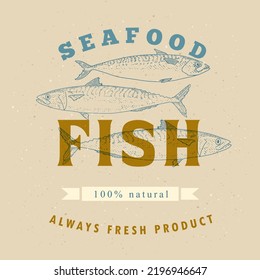 Seafood label template on a dark background. Fish vintage illustration for the menu of fish restaurants, markets and shops in the style of an old worn engraving.