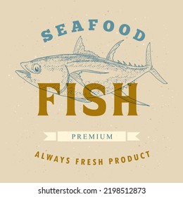 Seafood label template on a dark background. Fish vintage illustration for the menu of fish restaurants, markets and shops in the style of an old worn engraving.