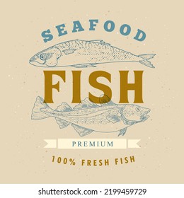 Seafood label template on a dark background. Fish vintage illustration for the menu of fish restaurants, markets and shops in the style of an old worn engraving.