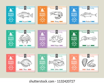 Seafood labels. Design template with hand drawn illustrations of fish and other seafood shrimp and mackerel, perch and squid, octopus and crab vector