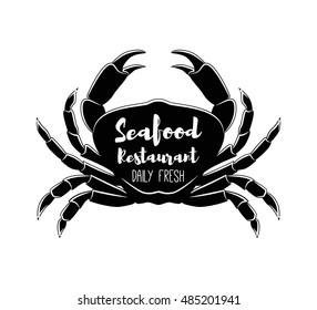 Seafood labels, fish packaging design, fishing logo elements. Retro styled crab silhouette. 