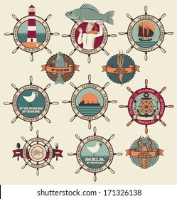 Seafood labels, icons, badges template set