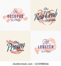 Seafood Labels Set. Retro Print Effect Cards. Abstract Vector Sign, Symbol or Logo Templates. Hand Drawn Lobster, Octopus, Shrimp and Crab with Typography. Vintage Emblem or Stamp. Isolated.