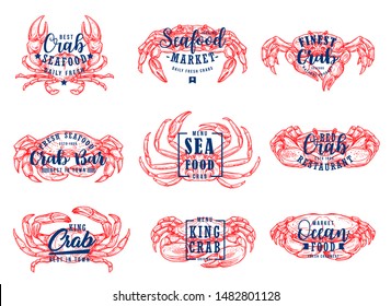 Seafood lettering, fish market and sea food restaurant icons. Vector sketch crab and lobster, seafood and ocean gourmet cuisine menu, calligraphy bar and cafe signs