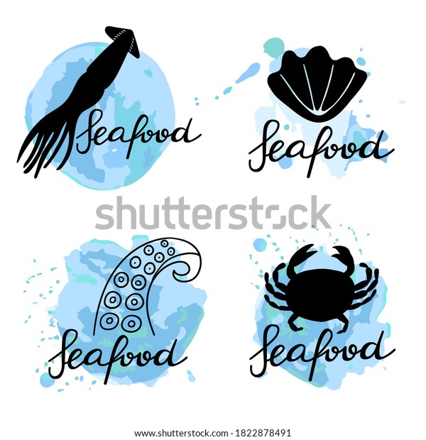 Seafood lettering set. Hand drawn label for food\
packaging, local sea product simple stamp collection. Text with\
blue abstract background with crab, octopus tentacle, mollusk and\
squid symbol vector
