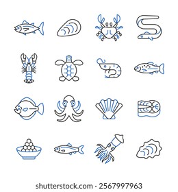 Seafood line color icon set. Vector collection with tuna, crab, lobster, shrimp, trout, caviar, squid, octopus.