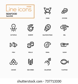 Seafood  - line design icons set. Sea animals, marine products for menu, bar, restaurant. Crab, sushi, salmon steak, oyster, eel, snail, flatfish, octopus, shrimp, calamari, fish, rolls, caviar, weed