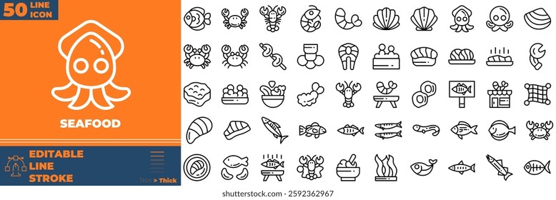 Seafood Line Editable Icons set. Vector illustration in modern thin line style of seafood icons: food, crab, octopus, etc