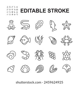Seafood line icon. Contains icons such as lobster, crab and many more.