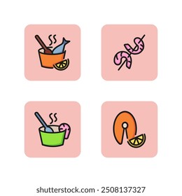 Seafood line icon set. Grilled prawns, shrimp soup, fish dish, salmon steak with lemon. Food concept. Can be used for topics like sea food restaurant, cooking, Asian street food