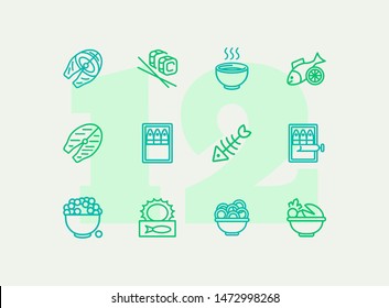 Seafood line icon set. Set of line icons on white background. Bowl, fish, sardines. Food concept. Vector illustration can be used for topics like eating, cooling, resting