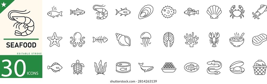 Seafood line icon set. Icons for lobster, crab, shrimp, octopus, oyster, fish, and sushi. Editable stroke. Vector illustration.