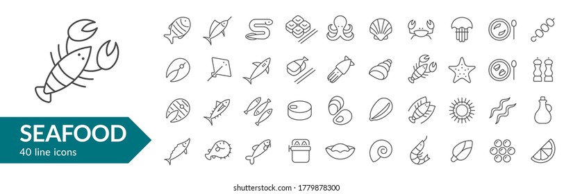 Seafood line icon set. Isolated signs on white background. Vector illustration. Collection