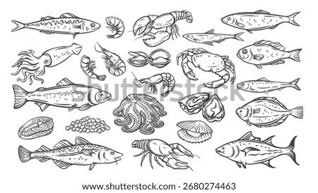 Seafood line icon set. Outline hand drawn fresh sea or ocean fish and shellfish, marine products and food ingredients. Market, seafood restaurant menu mascots, icon collection vector illustration