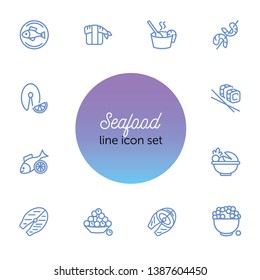 Seafood line icon set. Salmon steak, caviar, sushi. Food concept. Can be used for topics like restaurant menu, Japanese cuisine, meal