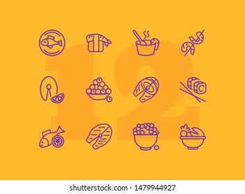Seafood line icon set. Salmon steak, caviar, sushi. Food concept. Can be used for topics like restaurant menu, Japanese cuisine, meal
