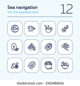 Seafood line icon set. Salmon steak, caviar, sushi. Food concept. Can be used for topics like restaurant menu, Japanese cuisine, meal